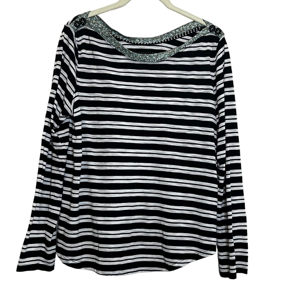 Anthropologie Postmark Womens Tee Large Black White Striped Contrast Boatneck